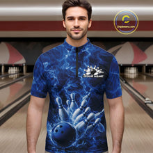 Load image into Gallery viewer, Custom Blue Fire Flame Bowling Men Quarter-Zip Tournament Shirt, Team Bowling Jerseys IPHW11102