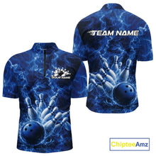 Load image into Gallery viewer, Custom Blue Fire Flame Bowling Men Quarter-Zip Tournament Shirt, Team Bowling Jerseys IPHW11102