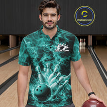 Load image into Gallery viewer, Custom Turquoise Blue Fire Flame Bowling Men Polo Tournament Shirt, Team Bowling Jerseys IPHW11104