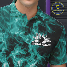Load image into Gallery viewer, Custom Turquoise Blue Fire Flame Bowling Men Polo Tournament Shirt, Team Bowling Jerseys IPHW11104