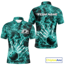 Load image into Gallery viewer, Custom Turquoise Blue Fire Flame Bowling Men Polo Tournament Shirt, Team Bowling Jerseys IPHW11104