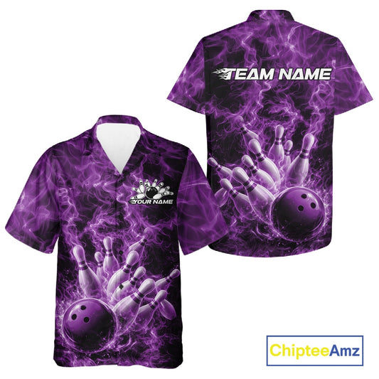 Button-up bowling shirt mockup showcasing a purple bowling ball striking pins with dramatic flame artwork.