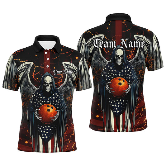 Custom Us Bowling Shirts For Men, American Flag Skull Patriotic Bowling Team Shirt Outfit IPHW7607