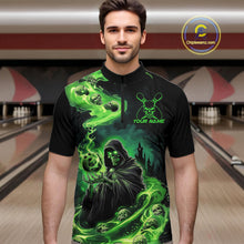 Load image into Gallery viewer, Black And Green Grim Reaper Custom Halloween Bowling Team Shirts For Men, Bowling Gifts IPHW7612