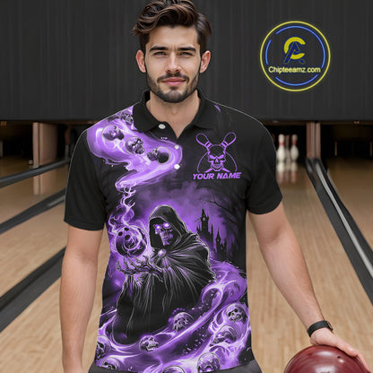 Black And Purple Grim Reaper Custom Halloween Bowling Team Shirts For Men, Bowling Gifts IPHW7613