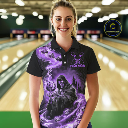 Black And Purple Grim Reaper Custom Halloween Bowling Team Shirts For Women, Bowling Gifts IPHW7613