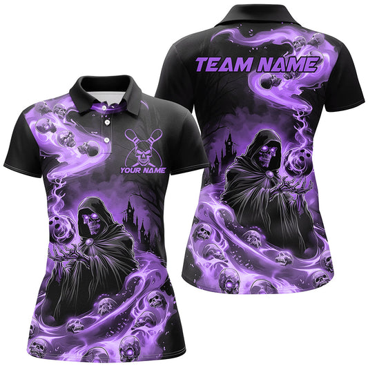 Black And Purple Grim Reaper Custom Halloween Bowling Team Shirts For Women, Bowling Gifts IPHW7613