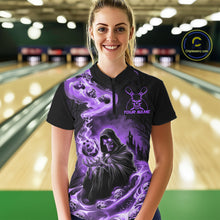 Load image into Gallery viewer, Black And Purple Grim Reaper Custom Halloween Bowling Team Shirts For Men, Bowling Gifts IPHW7613