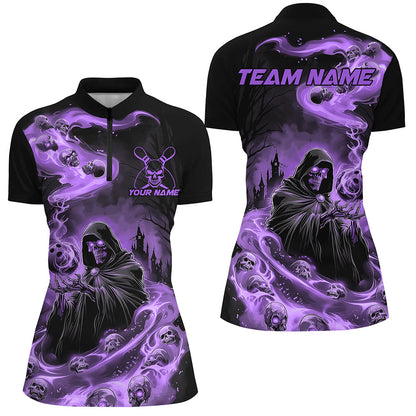 Black And Purple Grim Reaper Custom Halloween Bowling Team Shirts For Women, Bowling Gifts IPHW7613