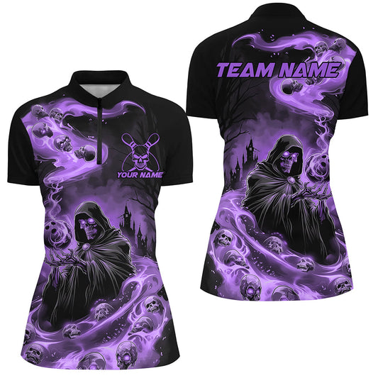 Black And Purple Grim Reaper Custom Halloween Bowling Team Shirts For Women, Bowling Gifts IPHW7613