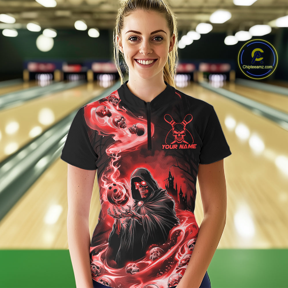 Black And Red Grim Reaper Custom Halloween Bowling Team Shirts For Men, Bowling Gifts IPHW7614