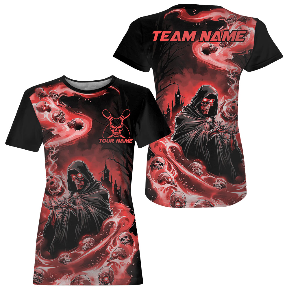 Black And Red Grim Reaper Custom Halloween Bowling Team T-Shirts For Women, Bowling Gifts IPHW7614
