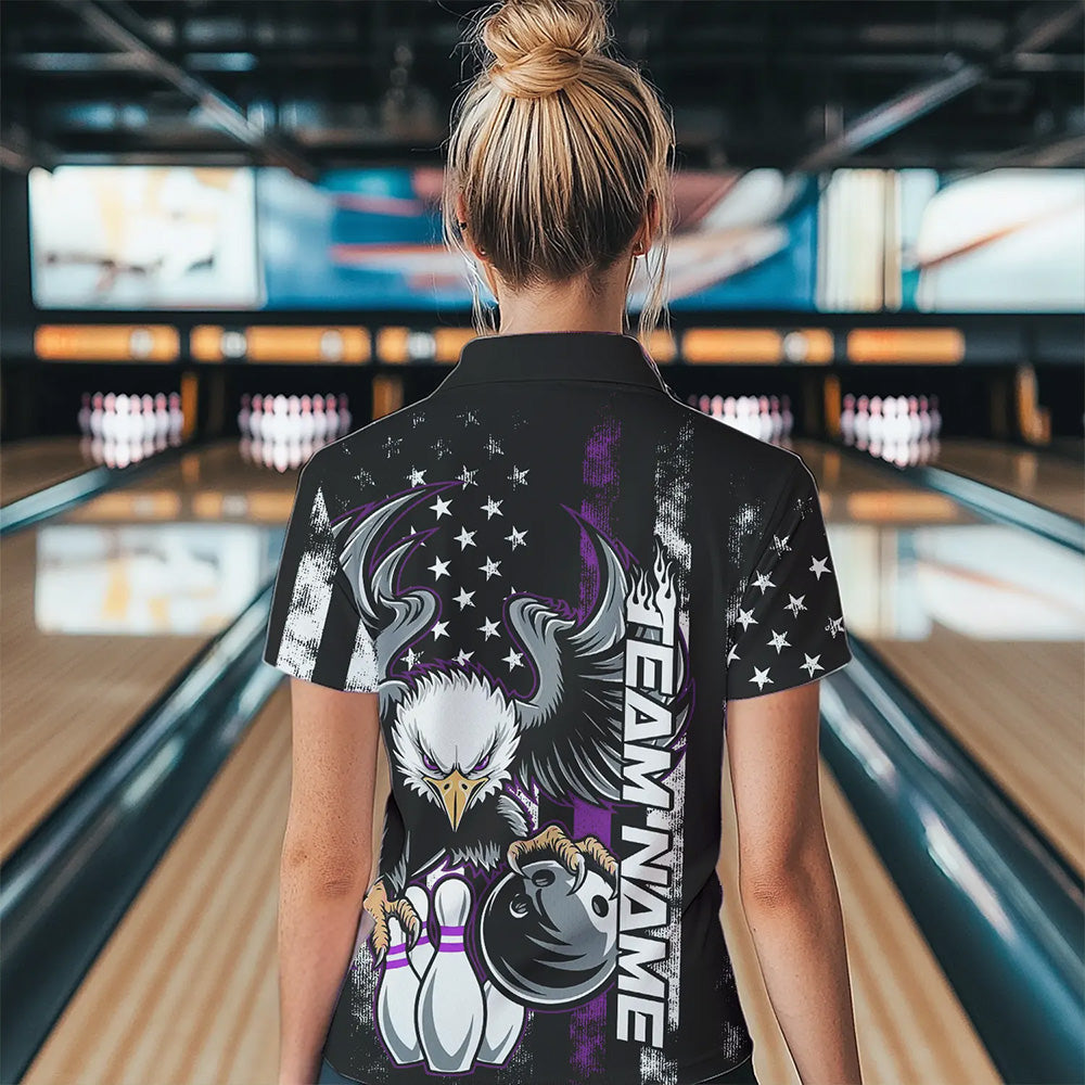 Custom Purple Thin Line American Flag Eagle Bowling Women Polo Shirts, Patriotic US Bowling IPHW8739