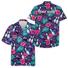 Load image into Gallery viewer, Custom Pink, Purple And Blue Tropical Leaves And Hibiscus Flower Bowling Hawaiian Shirt IPHW10844