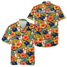 Load image into Gallery viewer, Custom Tropical Leaves And Hibiscus Flower Golden Bowling Ball Hawaiian Bowling Team Shirt IPHW10845