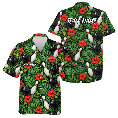 Custom Tropical Leaves And Hibiscus Flower Hawaiian Bowling Shirts For Men And Women IPHW10846