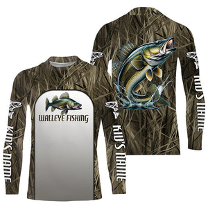 Walleye Fishing Grass Camo Custom Long Sleeve Fishing Shirts, Walleye Tournament Fishing Jerseys IPHW6245