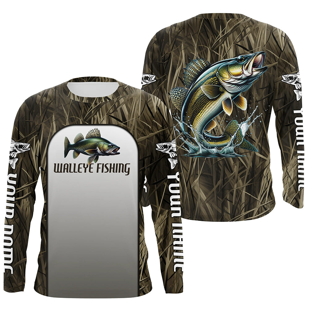 Walleye Fishing Grass Camo Custom Long Sleeve Fishing Shirts, Walleye Tournament Fishing Jerseys IPHW6245