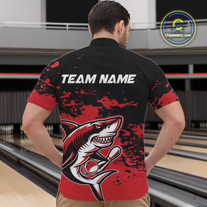 Custom Black And Red Camo Shark Bowling Team Men Quarter-Zip Shirts, Bowling Tournament Shirt IPHW8995