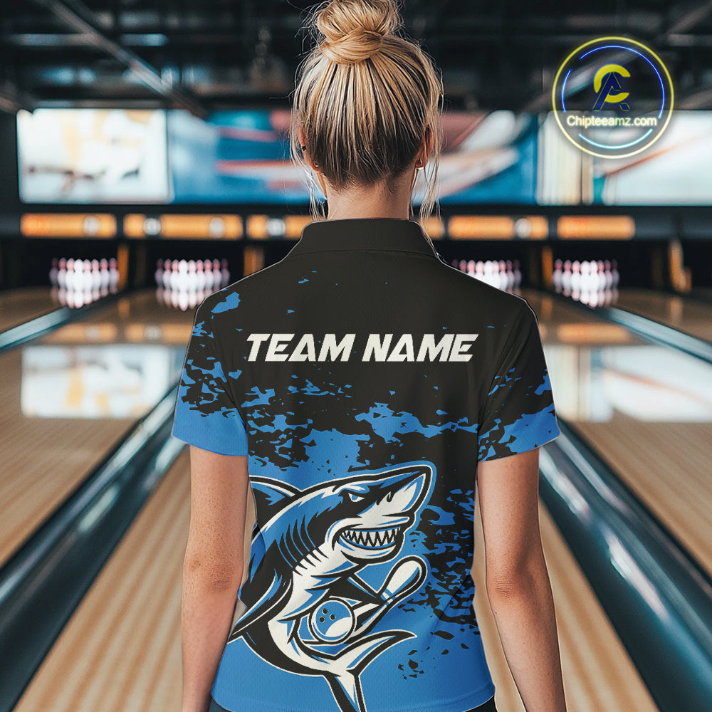 Custom Black And Blue Camo Shark Bowling Team Women Polo Shirts, Bowling Tournament Shirt IPHW8996