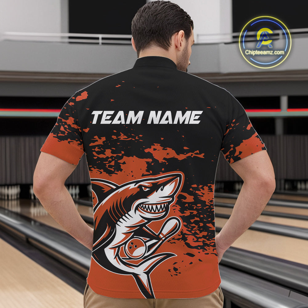 Custom Black And Ornage Camo Shark Bowling Team Men Quarter-Zip Shirts, Bowling Tournament Shirt IPHW8998