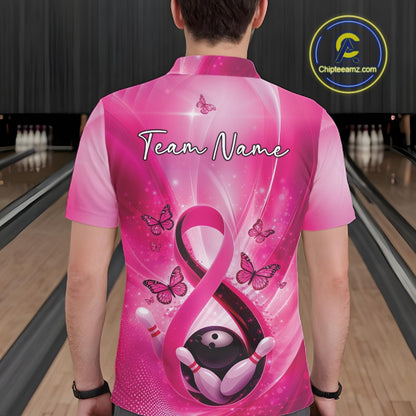 Back view of a mens bowling polo showcasing a pink awareness ribbon, bowling ball, pins, and butterfly graphics.