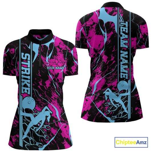 Custom Blue And Pink Strike Bowling Women Quarter-Zip Team Shirts, Strike Bowling Jersey IPHW9242