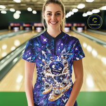 Load image into Gallery viewer, Front view of a female model in a bowling lane wearing a blue and purple bowling quarter-zip shirt featuring a blue monster bowling ball leading monster bowling pins holding overflowing beer mugs with colorful graffiti-style splatter graphics.