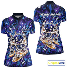 Load image into Gallery viewer, Front and back view of a blue and purple women's bowling quarter-zip shirt displaying a blue monster bowling ball leading monster bowling pins holding overflowing beer mugs with bold graffiti-style splatter artwork.