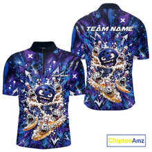 Load image into Gallery viewer, Front and back view of a blue and purple men's bowling quarter-zip shirt featuring a blue monster bowling ball leading monster bowling pins holding overflowing beer mugs with energetic graffiti-style splatter artwork.