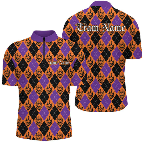 Orange And Purple Argyle Pattern Custom Skull Halloween Bowling Shirts For Men Bowlers Outfits IPHW7302