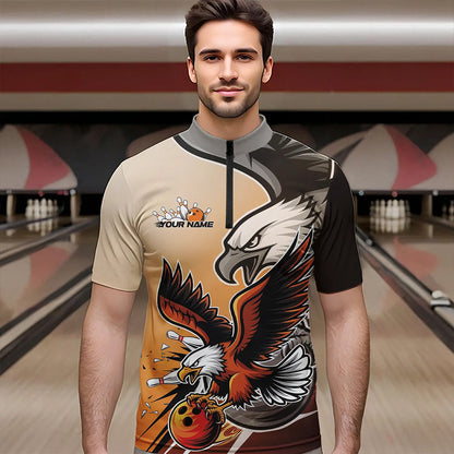 Custom Eagle Bowling Jerseys With Names, Orange Eagle Bowling League Men Quarter-Zip Shirts IPHW8762