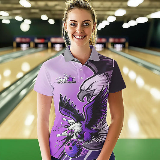 Custom Eagle Bowling Jerseys With Names, Purple Eagle Bowling League Women Polo Shirts IPHW8763