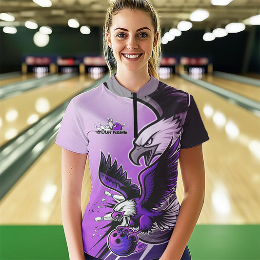 Custom Eagle Bowling Jerseys With Name, Purple Eagle Bowling League Women Quarter-Zip Shirt IPHW8763