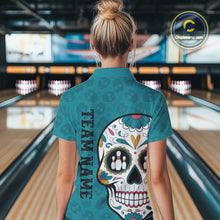 Load image into Gallery viewer, Custom Blue Sugar Skull Bowling Team Polo Shirts For Women, Halloween Bowlers Outfit IPHW9255