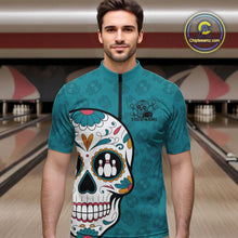 Load image into Gallery viewer, Custom Blue Sugar Skull Bowling Team Quarter-Zip Shirts For Men, Halloween Bowlers Outfit IPHW9255