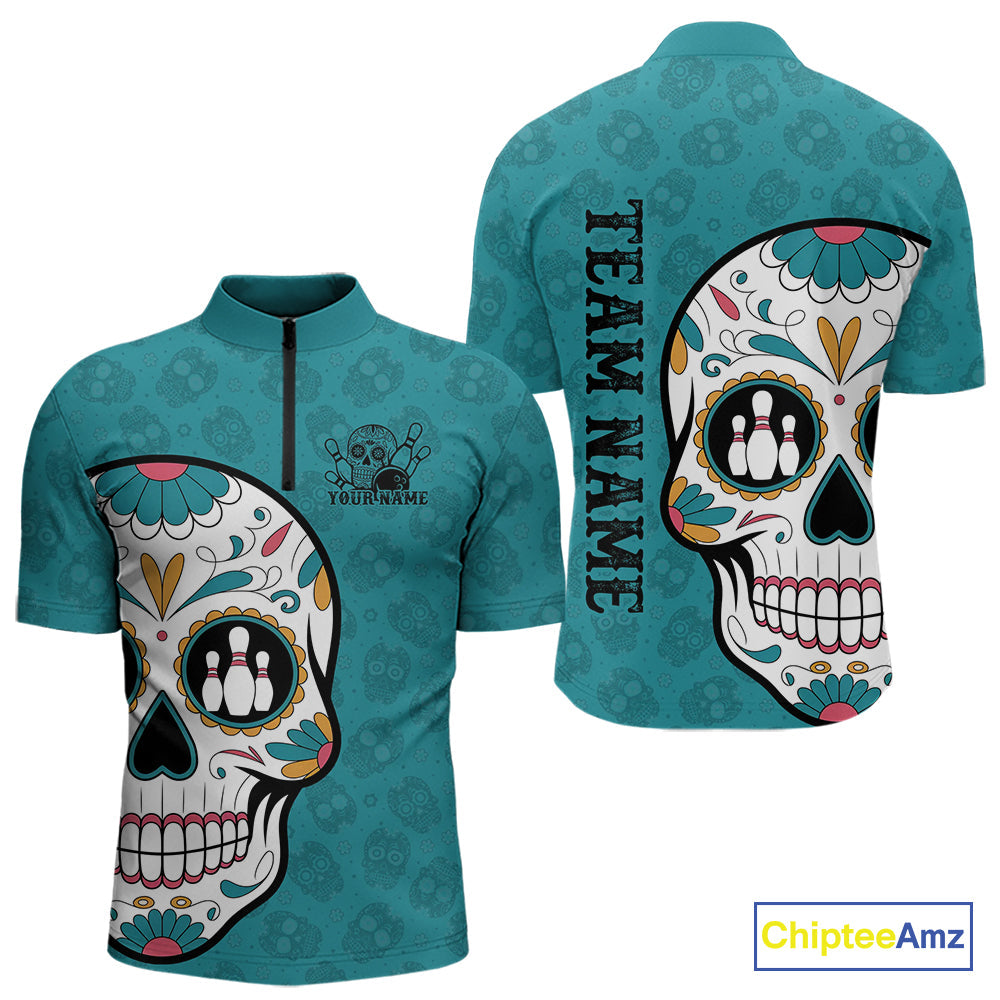 Custom Blue Sugar Skull Bowling Team Quarter-Zip Shirts For Men, Halloween Bowlers Outfit IPHW9255