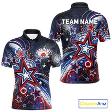 Load image into Gallery viewer, Front and back views of a custom men's bowling polo shirt featuring red, white, and blue patriotic stars, halftone dots, and a grunge texture design.