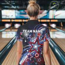 Load image into Gallery viewer, Back view of a female model in a bowling alley wearing a custom quarter zip bowling shirt featuring red, white, and blue patriotic stars, halftone dots, and a grunge texture design.