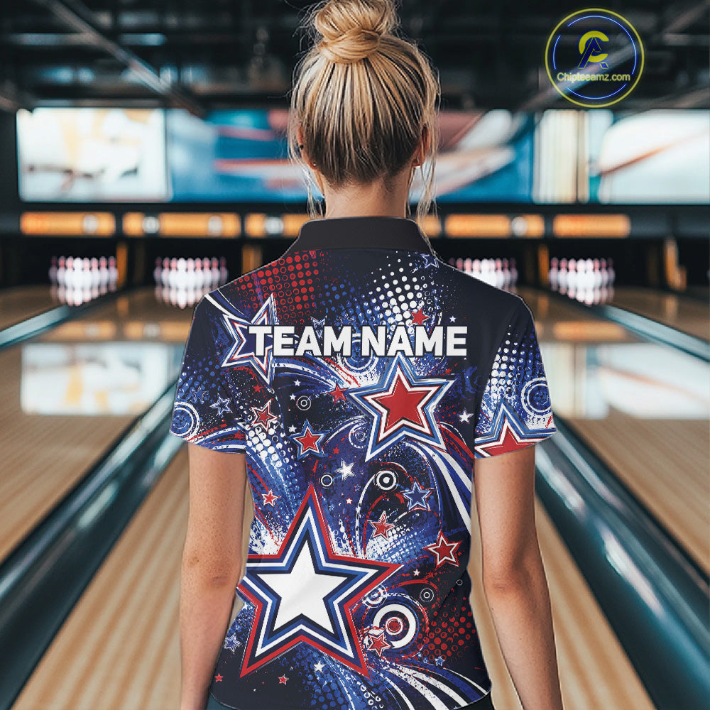 Back view of a female model in a bowling alley wearing a custom bowling polo shirt featuring red, white, and blue patriotic stars, halftone dots, and a grunge texture design.