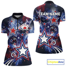 Load image into Gallery viewer, Front and back views of a custom women's quarter zip bowling shirt featuring red, white, and blue patriotic stars, halftone dots, and a grunge texture design.