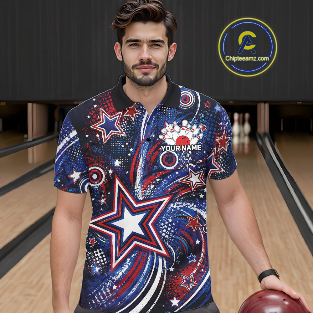 Front view of a male model in a bowling alley wearing a custom bowling polo shirt featuring red, white, and blue patriotic stars, halftone dots, and a grunge texture design.