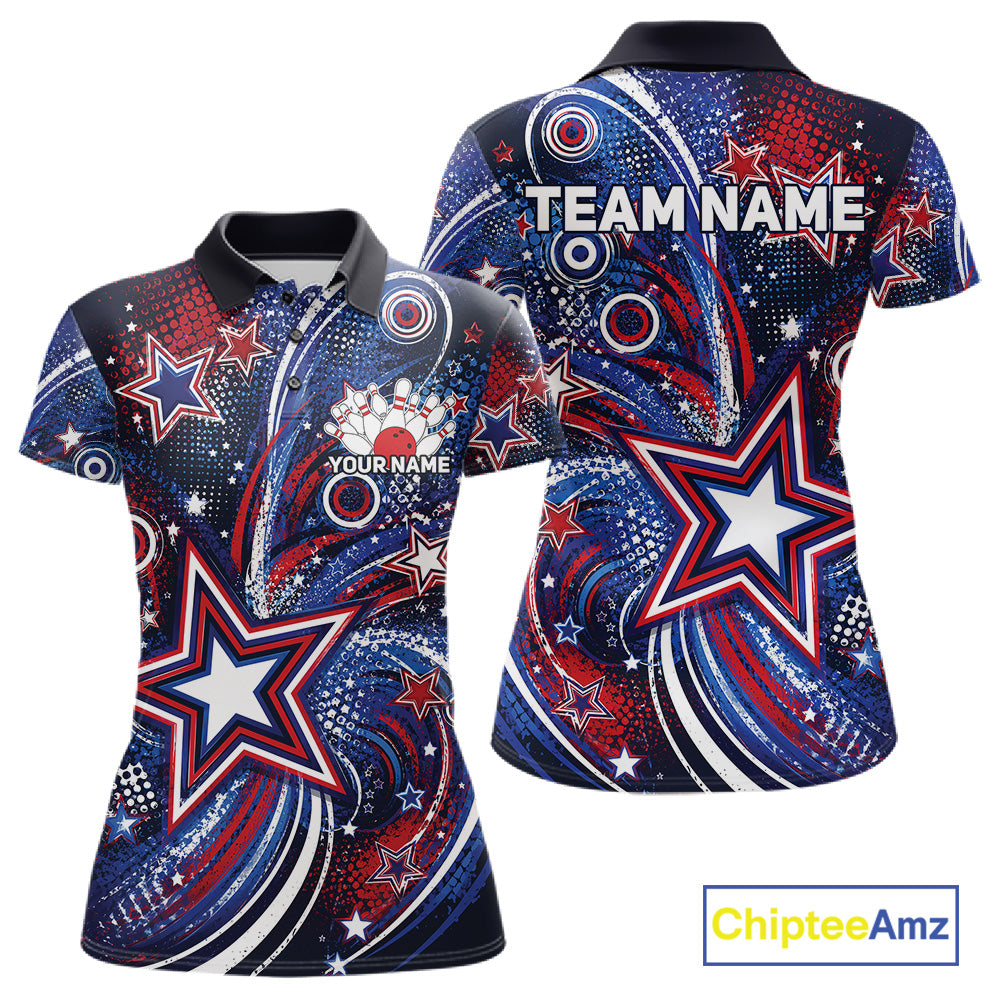 Front and back views of a custom women's bowling polo shirt featuring red, white, and blue patriotic stars, halftone dots, and a grunge texture design.