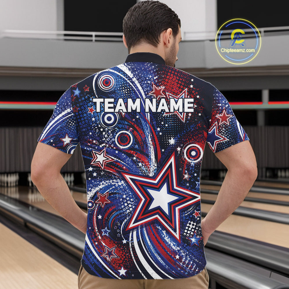 Back view of a male model in a bowling alley wearing a custom quarter zip bowling shirt featuring red, white, and blue patriotic stars, halftone dots, and a grunge texture design.