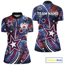 Load image into Gallery viewer, Front and back views of a custom women's quarter zip bowling shirt featuring red, white, and blue patriotic stars, halftone dots, and a grunge texture design.