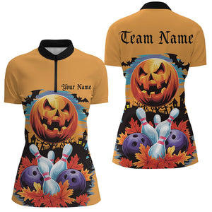 Custom Halloween Ladies Bowling Shirts, Pumpkin Bowling Ball Bowling Team Halloween Outfit IPHW7629