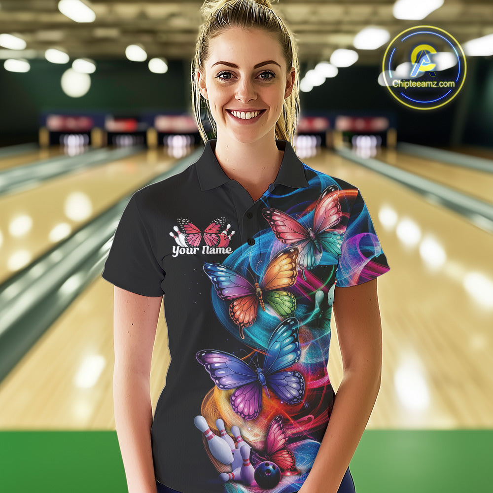 Custom Colorful Butterfly Bowling Women Polo Shirts With Team Name, Bowlers Outfit IPHW9011