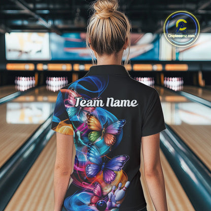 Custom Colorful Butterfly Bowling Women Polo Shirts With Team Name, Bowlers Outfit IPHW9011
