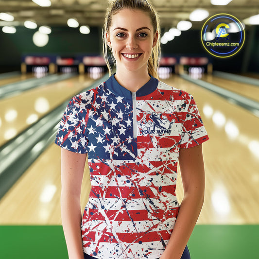 Custom Splatter Patriotic US Flag Bowling Women Quarter-Zip Shirt, US Flag Bowling Jersey IPHW9257