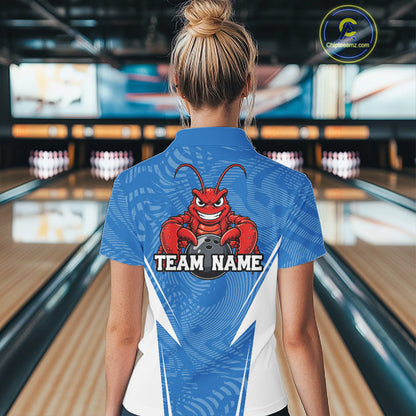 Back view of a female model in a bowling alley wearing a blue custom bowling polo shirt with a funny aggressive crawfish holding a bowling ball in a sportswear-style design.